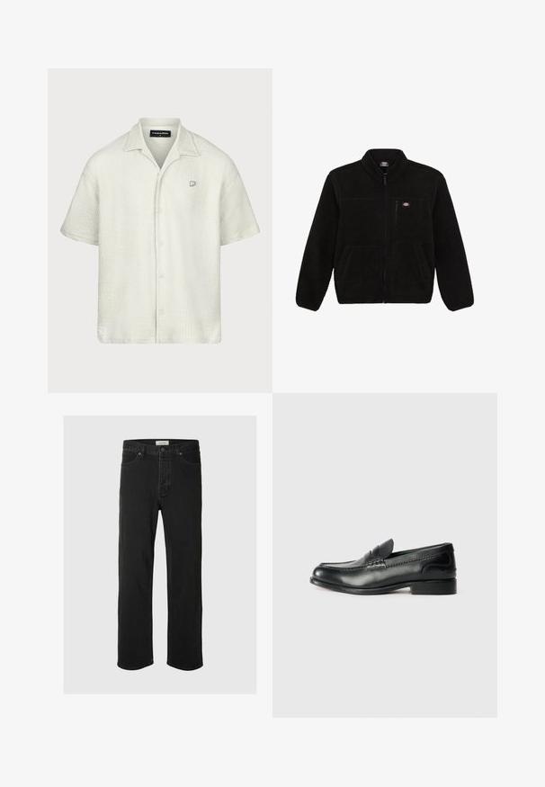 Jachetă din fleece neagră cu fermoar în față, guler înalt și două buzunare aplicate în față. Prezintă un logo mic pe partea superioară stângă a pieptului.; Cămașă cu mânecă scurtă de culoare gri deschis, cu un model texturat, guler și închidere prin butoane în față; prezintă un mic logo pe partea stângă a pieptului.; Jeans negre din denim cu croi drept, care prezintă un design clasic cu cinci buzunare, închidere cu buton, cusături minime și o textură moale.; Mocasini negri din piele cu un finisaj neted, detalii cusute pe partea de sus și un toc ușor ridicat.