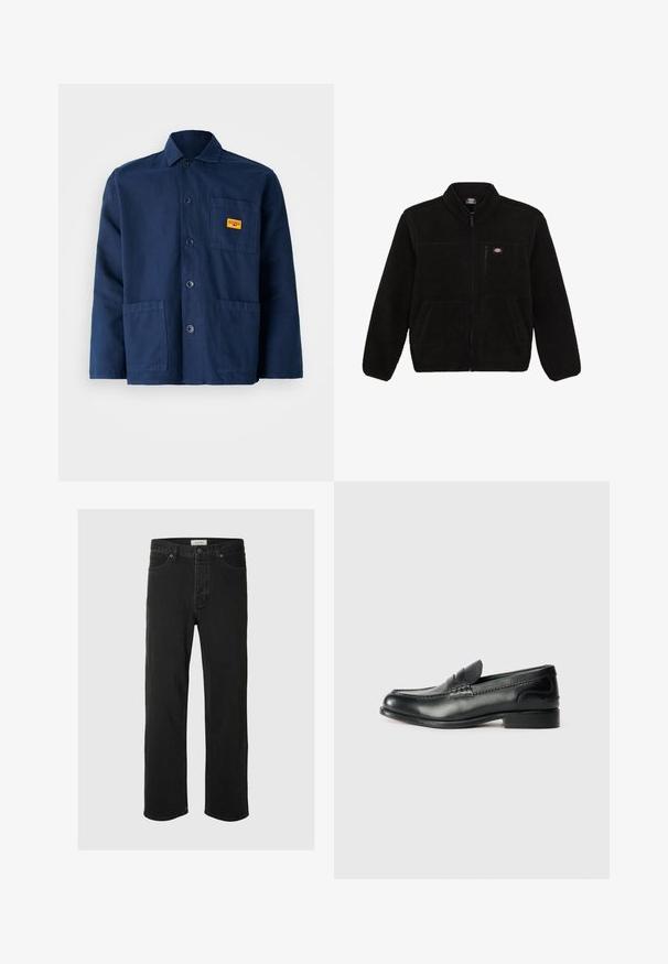 Musta fleece-takki, jossa on vetoketjullinen etuosa, korkea kaulus ja kaksi etupaneelin taskua. Takissa on pieni logo vasemmassa ylärinnassa.; Tummansininen puuvillatakki, jossa on terävä kaulus, etupainikkeet, kaksi suurta taskua ja pieni keltainen etiketti rinnassa.; Mustat farkut suoranlahkeiset, joissa on klassinen viisi taskua -design, nappisuljenta, minimaalinen ommel ja pehmeä tekstuuri.; Mustat nahka loafersit, joissa on sileä pinta, ommeltu yksityiskohta vampin yli ja hieman kohotettu korko.