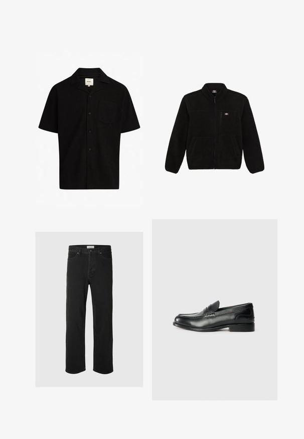 Fekete bolyhos dzseki cipzárral az elején, magas gallérral és két elülső zsebbel. Kicsi logó található a bal felső mellrészen.; Rövid ujjú, fekete ing texturált anyagból, gallérral, elülső gombokkal és egyetlen mellzsebbel.; Fekete farmer egyenes szárú jezák klasszikus öt zsebes dizájnnal, gombos záródással, minimális varrással és puha tapintással rendelkezik.; Fekete bőr mokaszinok sima felülettel, varrott részletekkel a lábfej részen és kissé megemelt sarokkal.