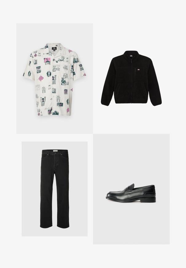 Svart fleecejakke med glidelås foran, høy krage og to frontlommer. Har en liten logo på øvre venstre bryst.; Kortermet skjorte i lys beige med flerfargede grafiske trykk som viser ulike ikoner, mønstre og design; avslappet passform og knapp-down krage.; Svarte denimjeans med rett ben har et klassisk fem-lommers design, knappestengning, minimal søm og en myk tekstur.; Sorte lærloafers med en glat overflade, syede detaljer over vamps og en let hævet hæl.
