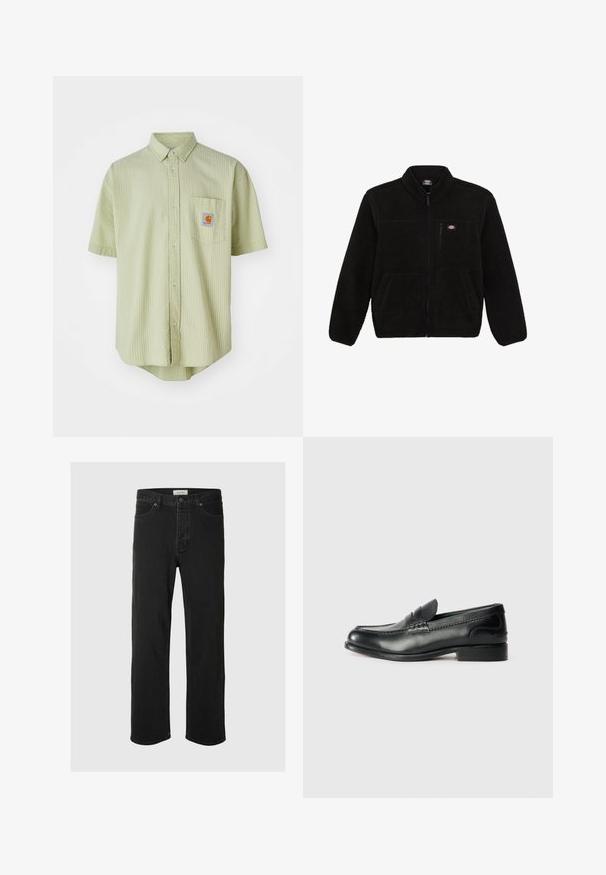 Giacca in pile nera con frontale con zip, colletto alto e due tasche anteriori a toppa. Presenta un piccolo logo sulla parte superiore sinistra del petto.; Camicia a maniche corte di colore verde chiaro con un motivo texturizzato, colletto a punta, taschino frontale e una toppa quadrata con logo sul petto.; I jeans in denim nero a gamba dritta presentano un classico design a cinque tasche con chiusura a bottone, cuciture minime e una texture morbida.; Mocassini in pelle nera con finitura liscia, dettagli cuciti sulla parte superiore e tacco leggermente rialzato.