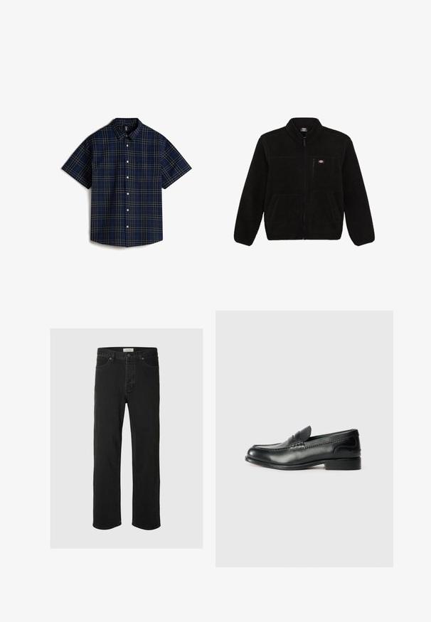Černá fleecová bunda se zipem vpředu, vysokým límcem a dvěma předními náprsními kapsami. Obsahuje malé logo na horní levé části hrudi.; Vans LAWSON - Košile - medium blue; Černé džíny rovného střihu mají klasický design se pěti kapsami, zapínání na knoflík, minimální švy a jemnou texturu.; Černé kožené mokasíny s hladkým povrchem, prošívanými detaily na svršku a mírně zvýšeným podpatkem.