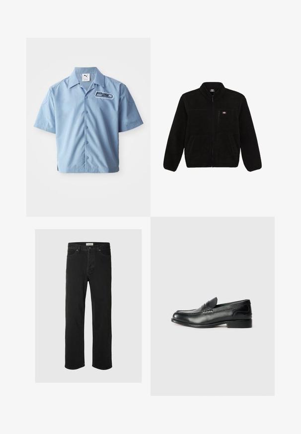 Zwarte fleecejack met een ritssluiting aan de voorkant, hoge kraag en twee voorzakken. Heeft een klein logo op de bovenste linkerborst.; Lichtblauw, kortärmig overhemd met knoopsluiting, gemaakt van een gladde stof. Heeft een zwart-wit Puma-logo op de linkerkant van de borst. Klassiek kraagontwerp.; Zwarte denim rechte jeans hebben een klassiek vijf-pocket ontwerp met knoopsluiting, minimale stiksels en een zachte textuur.; Zwarte leren instappers met een gladde afwerking, gestikte details over de bovenkant en een licht verhoogde hak.
