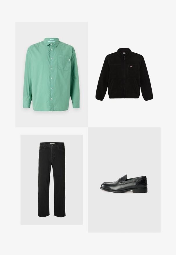 Mustan fliisi jakk, millel on tõmblukuga esiosa, kõrge krae ja kaks eesmist plaastritaskut. Esiküljel on väike logo vasakul rinnal.; Roheline nupuga särk, pikad varrukad, puuvillane materjal, üks rinnatasku, lõdva istuvusega, peene tekstuuriga ja klassikalise krae kujundusega.; Lime roheline puuvillane T-särk, millel on graafika linnust ja roosast jäätisekoonusest, lihtsa ümberkaela lõike ja lühikeste varrukatega.; Mustad denim sirged püksid on varustatud klassikalise viie taskuga, nupuga kinnitamisega, minimaalse õmblusega ja pehme tekstuuriga.; Mustad mustad nahast loafers, mis on kaunistatud sileda viimistluse, õmblusdetailide ja veidi kõrgendatud kannaga.