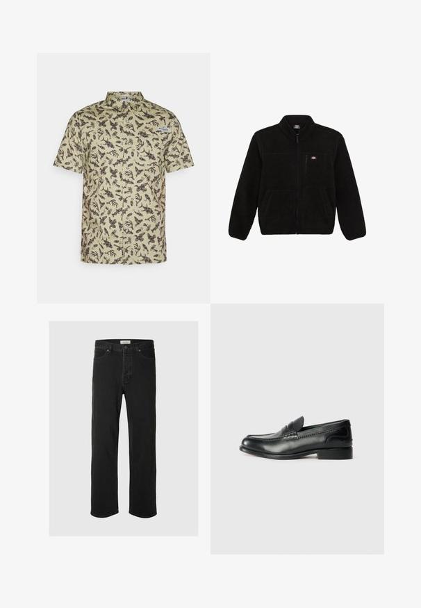 Musta fleece-takki, jossa on vetoketjullinen etuosa, korkea kaulus ja kaksi etupaneelin taskua. Takissa on pieni logo vasemmassa ylärinnassa.; Hihaton napillinen paita vaaleanvihreästä puuvillasta, jossa on tummanruskea abstrakti kuvio. Paidassa on rintatasku ja kaulus.; Mustat farkut suoranlahkeiset, joissa on klassinen viisi taskua -design, nappisuljenta, minimaalinen ommel ja pehmeä tekstuuri.; Mustat nahka loafersit, joissa on sileä pinta, ommeltu yksityiskohta vampin yli ja hieman kohotettu korko.