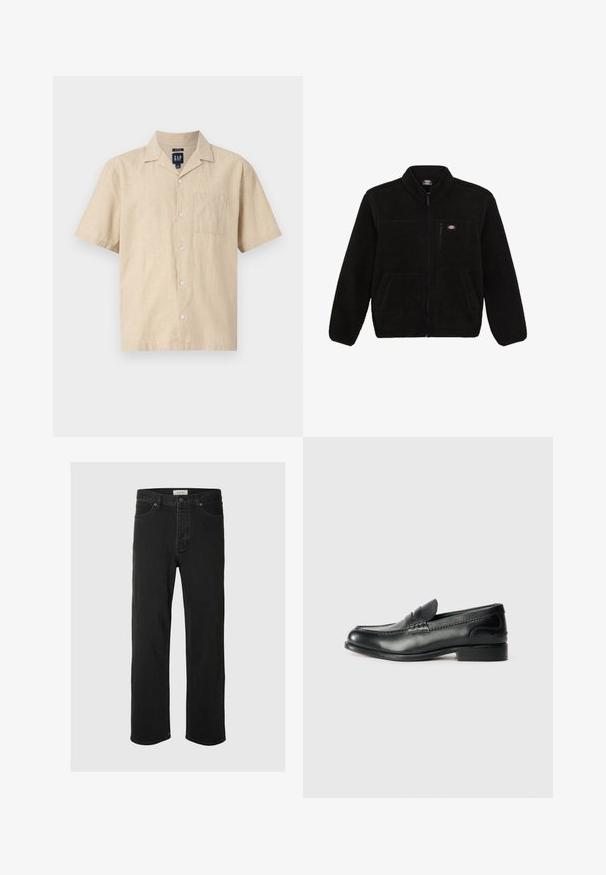 Musta fleece-takki, jossa on vetoketjullinen etuosa, korkea kaulus ja kaksi etupaneelin taskua. Takissa on pieni logo vasemmassa ylärinnassa.; GAP Vapaa-ajan kauluspaita - oatmeal heather; Mustat farkut suoranlahkeiset, joissa on klassinen viisi taskua -design, nappisuljenta, minimaalinen ommel ja pehmeä tekstuuri.; Mustat nahka loafersit, joissa on sileä pinta, ommeltu yksityiskohta vampin yli ja hieman kohotettu korko.