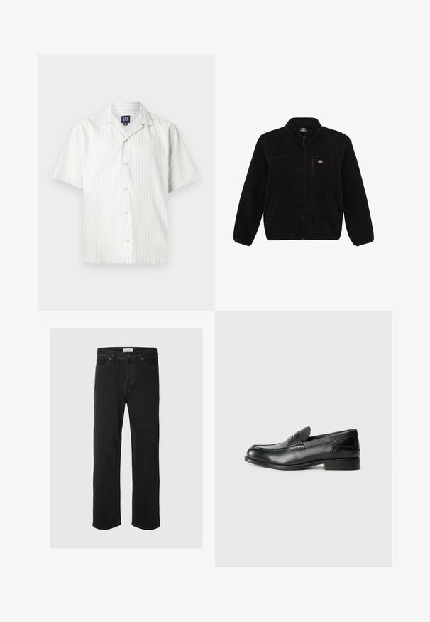 Mustan fliisi jakk, millel on tõmblukuga esiosa, kõrge krae ja kaks eesmist plaastritaskut. Esiküljel on väike logo vasakul rinnal.; Lühikeste varrukatega nööbiga särk helesiniste ja valgete vertikaalsete triipudega, valmistatud puuvillakangast, varustatud terava krae ja esistampidega.; Mustad denim sirged püksid on varustatud klassikalise viie taskuga, nupuga kinnitamisega, minimaalse õmblusega ja pehme tekstuuriga.; Mustad mustad nahast loafers, mis on kaunistatud sileda viimistluse, õmblusdetailide ja veidi kõrgendatud kannaga.
