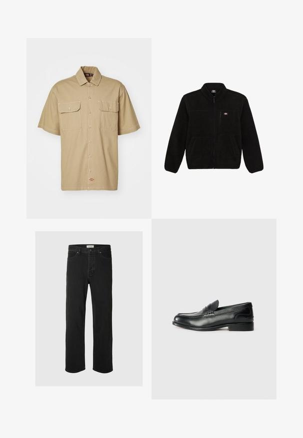 Črno flis jakno z zadrgo na sprednji strani, visokim ovratnikom in dvema sprednjima žepoma. Ima majhen logotip na zgornjem levem prsnem delu.; Srajca s kratkimi rokavi v bež barvi, z dvema žepoma na prsih, kontrastnim belim šivanjem in oznako v spodnjem desnem kotu.; Črne usnjene naravne hlače imajo klasičen pet-žepni dizajn z gumbom za zapiranje, minimalnim šivanjem in mehkim občutkom.; Črni usnjeni loafersi z gladko površino, šivanim detajlom čez vamp in rahlo dvignjenim peto.