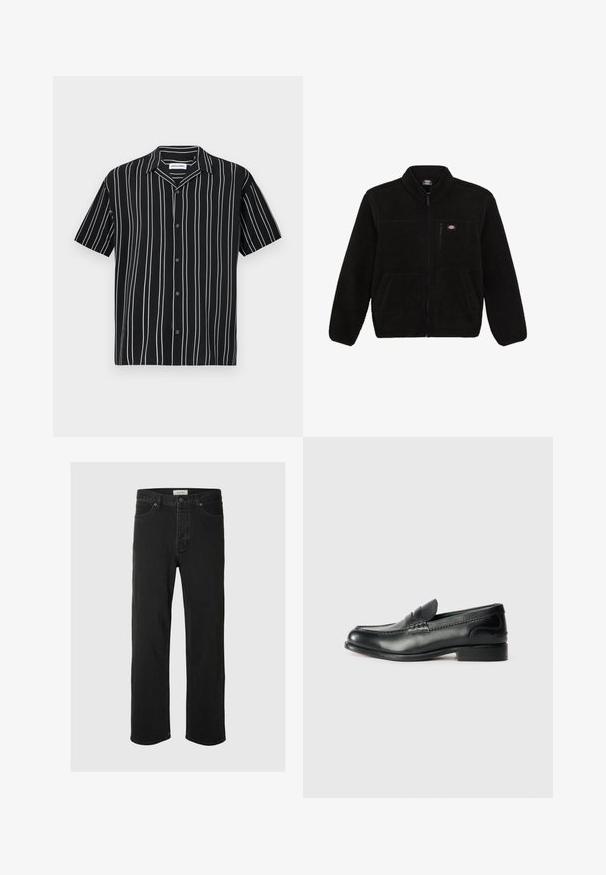 Chaqueta de forro polar negra con cierre en la parte delantera, cuello alto y dos bolsillos frontales tipo parche. Presenta un pequeño logo en la parte superior del lado izquierdo del pecho.; Camisa negra de manga corta con rayas verticales blancas, diseño con botones al frente y cuello extendido. Hecha de tela ligera, con textura suave.; Los jeans rectos de mezclilla negra presentan un diseño clásico de cinco bolsillos con cierre de botón, costuras mínimas y una textura suave.; Mocasines de cuero negro con un acabado suave, detalles de costura en la parte delantera y un tacón ligeramente elevado.