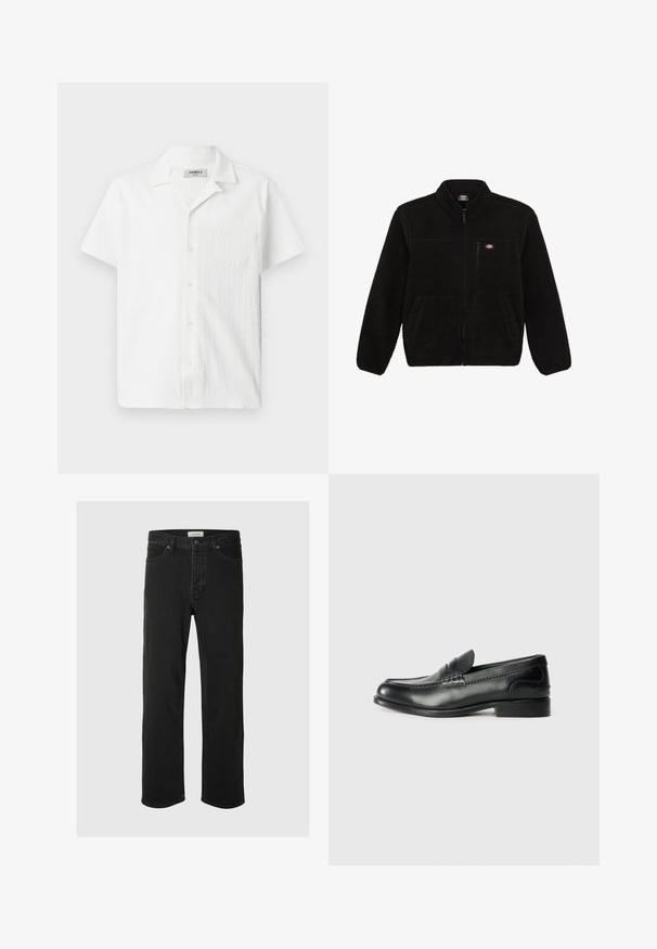 Juoda vilnonė striukė su užtrauktuku priekyje, aukštu kaklu ir dviem priekinėmis kišenėmis. Yra mažas logotipas ant kairiojo krūtinės šono.; Trumpas rankovės baltas marškinis su tekstūruota medžiaga, atviru apykaklė, priekinė kišenė ir mygtukų užsegimas. Dizainas yra lengvas ir kasdieniškas.; Juodos džinsinės tiesaus silueto kelnės turi klasiką penkių kišenių dizainą su mygtukų uždarymu, minimaliais siūlais ir minkšta tekstūra.; Juodos odinės loafer tipo bateliai su lygiu paviršiumi, siuvinėjimu per priekį ir šiek tiek pakelta pakulne.