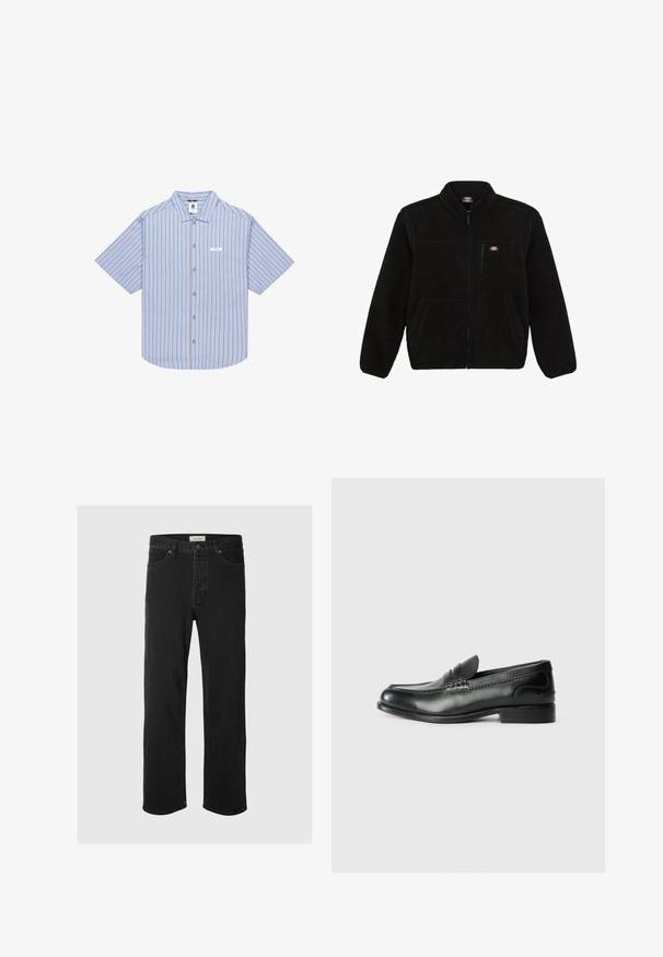 Musta fleece-takki, jossa on vetoketjullinen etuosa, korkea kaulus ja kaksi etupaneelin taskua. Takissa on pieni logo vasemmassa ylärinnassa.; Lyhythihainen nappipaita vaaleansinisellä pohjalla, jossa on punaiset pystysuorat raidat. Paidassa on jämäkkä kaulus ja pieni etiketti vasemmassa rinnassa.; Mustat farkut suoranlahkeiset, joissa on klassinen viisi taskua -design, nappisuljenta, minimaalinen ommel ja pehmeä tekstuuri.; Mustat nahka loafersit, joissa on sileä pinta, ommeltu yksityiskohta vampin yli ja hieman kohotettu korko.