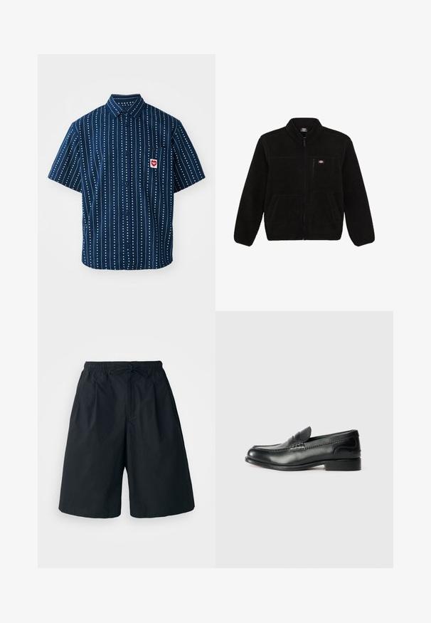 Giacca in pile nera con frontale con zip, colletto alto e due tasche anteriori a toppa. Presenta un piccolo logo sulla parte superiore sinistra del petto.; Camicetta a maniche corte in tessuto blu navy con strisce verticali bianche e piccoli motivi a cuore; presenta una tasca sul petto con dettagli del logo.; Pantaloni corti neri con fascia elastica in vita e cordino regolabile. Realizzati in un tessuto liscio, presentano una vestibilità ampia e senza motivi visibili.; Mocassini in pelle nera con finitura liscia, dettagli cuciti sulla parte superiore e tacco leggermente rialzato.