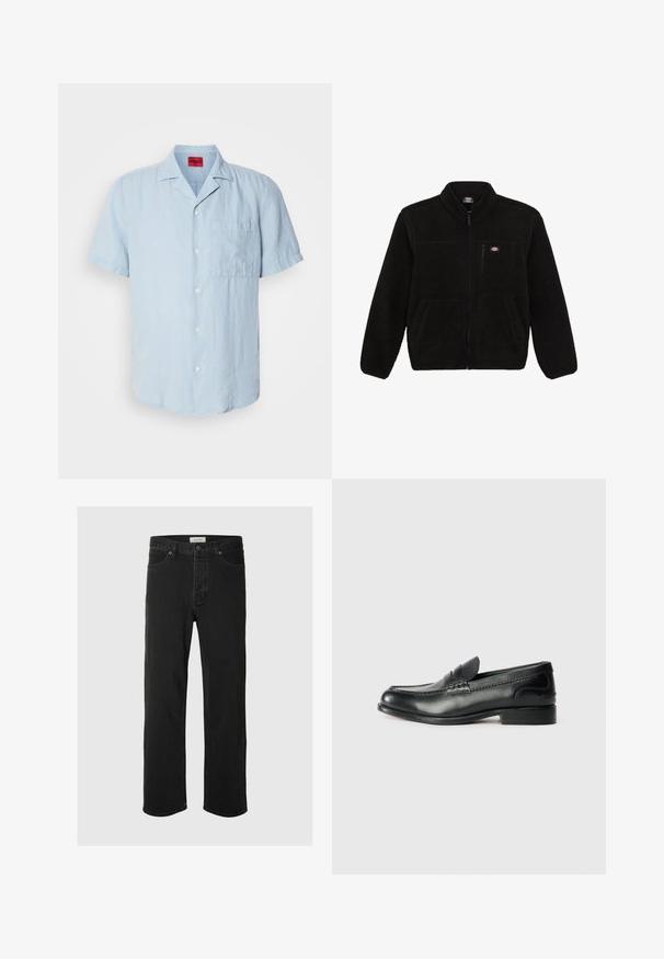 Mustan fliisi jakk, millel on tõmblukuga esiosa, kõrge krae ja kaks eesmist plaastritaskut. Esiküljel on väike logo vasakul rinnal.; Hele sinine lühikese varrukaga särk, mis on valmistatud tekstuuriga kangast. Särgil on nööbiga eesmine klapp, vasakul rinnal tasku ja klassikaline kraedisain.; Mustad denim sirged püksid on varustatud klassikalise viie taskuga, nupuga kinnitamisega, minimaalse õmblusega ja pehme tekstuuriga.; Mustad mustad nahast loafers, mis on kaunistatud sileda viimistluse, õmblusdetailide ja veidi kõrgendatud kannaga.