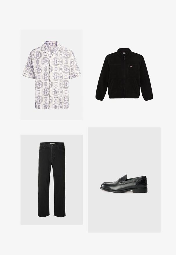 Zwarte fleecejack met een ritssluiting aan de voorkant, hoge kraag en twee voorzakken. Heeft een klein logo op de bovenste linkerborst.; Korte mouwen overhemd in crème en marineblauw, met een overal patroon van bloemen- en geometrische ontwerpen, voorzien van een notch-kraag en knopen aan de voorkant.; Zwarte denim rechte jeans hebben een klassiek vijf-pocket ontwerp met knoopsluiting, minimale stiksels en een zachte textuur.; Zwarte leren instappers met een gladde afwerking, gestikte details over de bovenkant en een licht verhoogde hak.