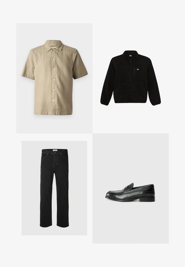 Black fleece jacket with a zippered front, high collar, and two front patch pockets. Features a small logo on the upper left chest.; Short-sleeve shirt in light beige, textured fabric. Features a button-down front, pointed collar, and six buttons along the placket.; Black denim straight-leg jeans feature a classic five-pocket design with button closure, minimal stitching, and a soft texture.; Black leather loafers featuring a smooth finish, stitched detailing across the vamp, and a slightly raised heel.