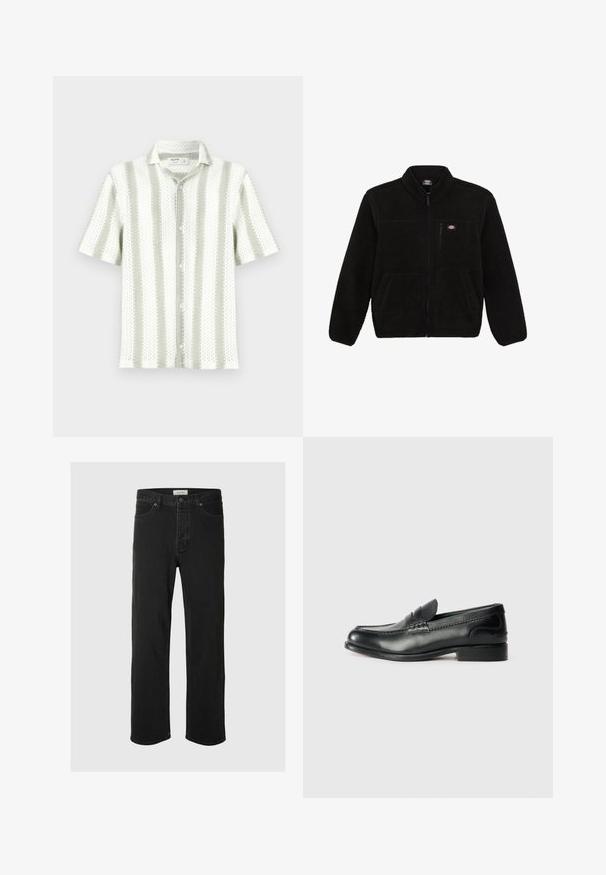 Juoda vilnonė striukė su užtrauktuku priekyje, aukštu kaklu ir dviem priekinėmis kišenėmis. Yra mažas logotipas ant kairiojo krūtinės šono.; Trumpas rankovės marškiniai pagaminti iš lengvos, tekstūruotos medžiagos su vertikaliomis žaliomis ir baltais dryžiais; turi apykaklę ir mygtukus priekyje.; Juodos džinsinės tiesaus silueto kelnės turi klasiką penkių kišenių dizainą su mygtukų uždarymu, minimaliais siūlais ir minkšta tekstūra.; Juodos odinės loafer tipo bateliai su lygiu paviršiumi, siuvinėjimu per priekį ir šiek tiek pakelta pakulne.