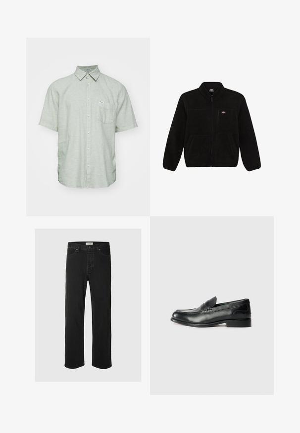 Giacca in pile nera con frontale con zip, colletto alto e due tasche anteriori a toppa. Presenta un piccolo logo sulla parte superiore sinistra del petto.; Camicia a maniche corte con bottoni di colore verde chiaro, realizzata in tessuto texturizzato, dotata di una tasca sul petto e di un piccolo etichetta del marchio sulla tasca.; I jeans in denim nero a gamba dritta presentano un classico design a cinque tasche con chiusura a bottone, cuciture minime e una texture morbida.; Mocassini in pelle nera con finitura liscia, dettagli cuciti sulla parte superiore e tacco leggermente rialzato.