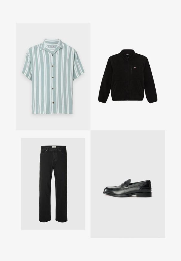 Čierna fleecová bunda so zipsom v prednej časti, vysokým golierom a dvoma prednými vreckami. Obsahuje malé logo na hornej ľavej časti hrude.; Košeľa s krátkym rukávom so zeleno-bielymi vertikálnymi pruhmi, vyrobená z ľahkej tkaniny. Má voľný strih a hnedé gombíky.; Čierne džínsové nohavice so rovnými nohavicami majú klasický dizajn s piatimi vreckami, zapínaním na gombík, minimálnym prešívaním a jemnou textúrou.; Čierne kožené loafers s hladkým povrchom, prešívaním cez vampus a mierne vyvýšeným podpätkom.