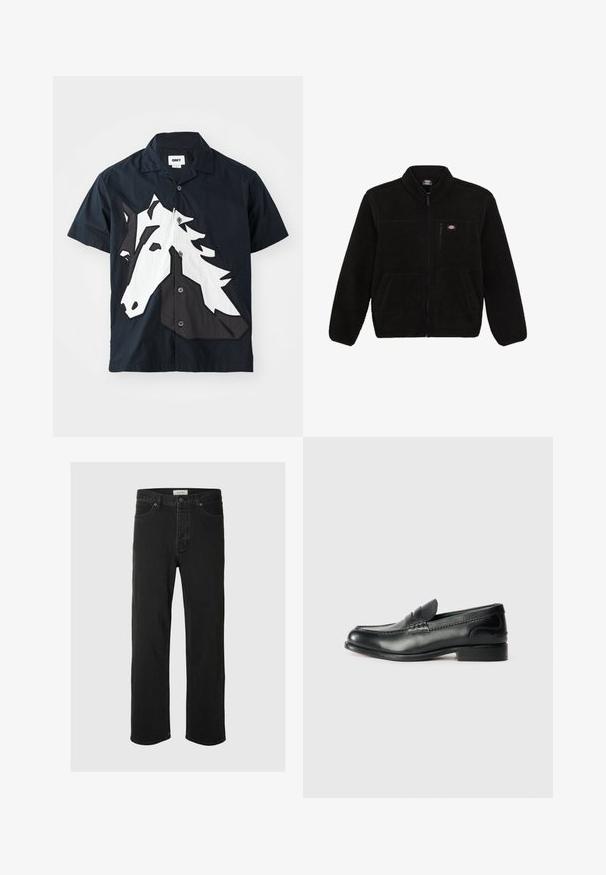 Juoda vilnonė striukė su užtrauktuku priekyje, aukštu kaklu ir dviem priekinėmis kišenėmis. Yra mažas logotipas ant kairiojo krūtinės šono.; Tamsiai mėlynos medžiagos trumpas rankovės marškiniai su balta ir juoda arklio galvos aplikacija priekyje, mygtukų uždarymu ir standartiniu apykakle.; Juodos džinsinės tiesaus silueto kelnės turi klasiką penkių kišenių dizainą su mygtukų uždarymu, minimaliais siūlais ir minkšta tekstūra.; Juodos odinės loafer tipo bateliai su lygiu paviršiumi, siuvinėjimu per priekį ir šiek tiek pakelta pakulne.