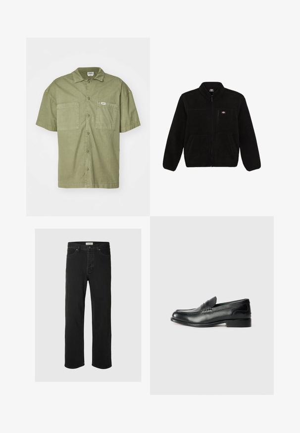 Mustan fliisi jakk, millel on tõmblukuga esiosa, kõrge krae ja kaks eesmist plaastritaskut. Esiküljel on väike logo vasakul rinnal.; Lühikeste varrukatega oliivroheline puuvillane särk, millel on kaelus, kaks eesmist taskut ja nööbiga kinnitamine.; Mustad denim sirged püksid on varustatud klassikalise viie taskuga, nupuga kinnitamisega, minimaalse õmblusega ja pehme tekstuuriga.; Mustad mustad nahast loafers, mis on kaunistatud sileda viimistluse, õmblusdetailide ja veidi kõrgendatud kannaga.