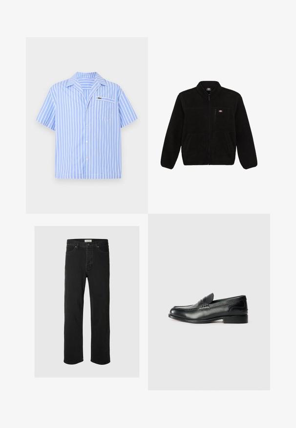 Musta fleece-takki, jossa on vetoketjullinen etuosa, korkea kaulus ja kaksi etupaneelin taskua. Takissa on pieni logo vasemmassa ylärinnassa.; Vaaleansininen lyhythihainen nappikauluspaita, jossa on valkoisia pystysuoria raidoituksia ja edessä tasku, jossa on pieni brodeerattu krokotiililogot.; Mustat farkut suoranlahkeiset, joissa on klassinen viisi taskua -design, nappisuljenta, minimaalinen ommel ja pehmeä tekstuuri.; Mustat nahka loafersit, joissa on sileä pinta, ommeltu yksityiskohta vampin yli ja hieman kohotettu korko.