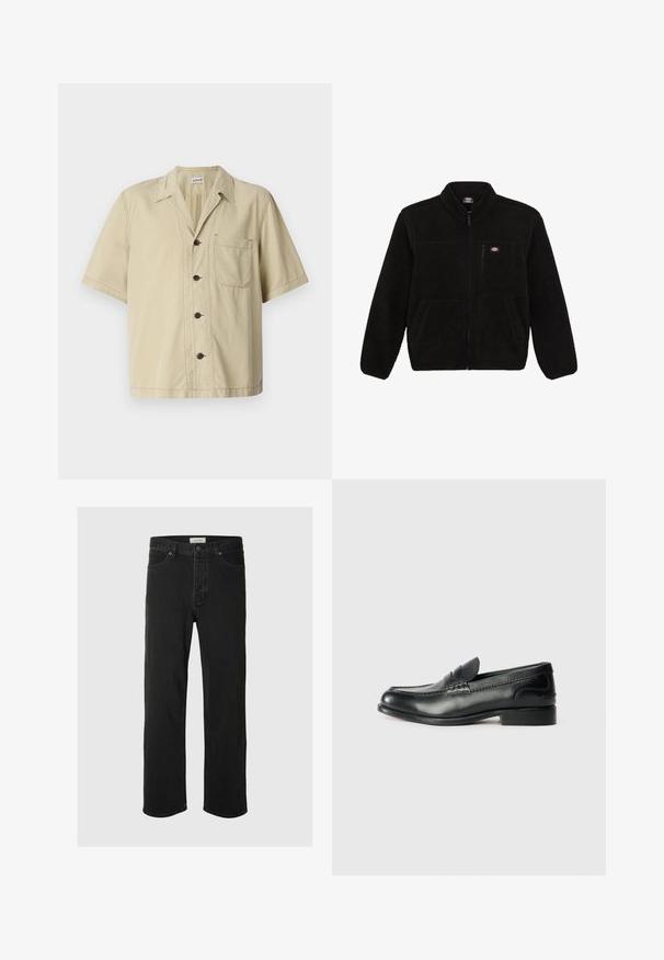 Veste en polaire noire avec une fermeture éclair à l'avant, col haut et deux poches plaquées à l'avant. Présente un petit logo sur le côté supérieur gauche de la poitrine.; Chemise beige à manches courtes en coton avec un col pointu, fermeture à boutons et poche sur la poitrine gauche. Texture lisse, design simple.; Des jeans en denim noir à coupe droite disposent d'un design classique à cinq poches avec fermeture à bouton, de coutures minimales et d'une texture douce.; Mocassins en cuir noir avec une finition lisse, des détails cousus sur le devant et un talon légèrement surélevé.