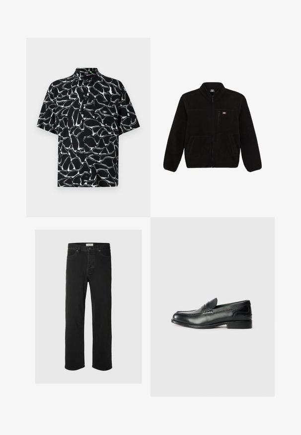 Giacca in pile nera con frontale con zip, colletto alto e due tasche anteriori a toppa. Presenta un piccolo logo sulla parte superiore sinistra del petto.; Camicia nera a maniche corte con un motivo astratto bianco, design con bottoni e un piccolo logo ricamato sulla tasca del petto.; I jeans in denim nero a gamba dritta presentano un classico design a cinque tasche con chiusura a bottone, cuciture minime e una texture morbida.; Mocassini in pelle nera con finitura liscia, dettagli cuciti sulla parte superiore e tacco leggermente rialzato.