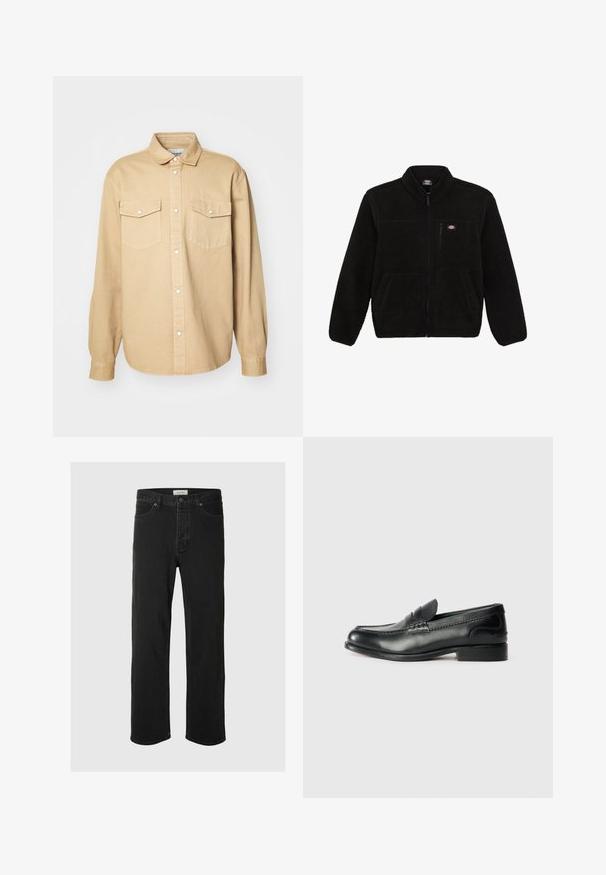 Juoda vilnonė striukė su užtrauktuku priekyje, aukštu kaklu ir dviem priekinėmis kišenėmis. Yra mažas logotipas ant kairiojo krūtinės šono.; Kreminės spalvos krūtinės mygtukų marškiniai, pagaminti iš medvilnės, su klasikiniu apykakle, dviem krūtinės kišenėmis ir ilgomis rankovėmis su mygtukais.; Juodos džinsinės tiesaus silueto kelnės turi klasiką penkių kišenių dizainą su mygtukų uždarymu, minimaliais siūlais ir minkšta tekstūra.; Juodos odinės loafer tipo bateliai su lygiu paviršiumi, siuvinėjimu per priekį ir šiek tiek pakelta pakulne.