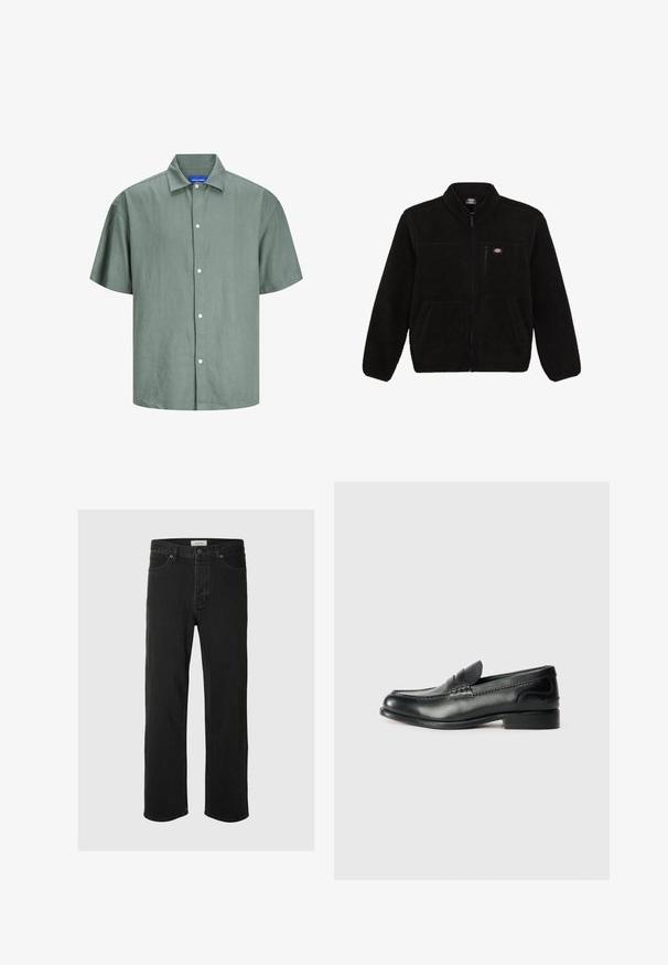 Svart fleecejacka med dragkedja framtill, hög krage och två framfickor. Har en liten logotyp på översta vänstra bröstet.; Kortärmad grön skjorta med knappar i lätt tyg. Har en klassisk krage och vita knappar fram. Avslappnad design.; Svarta denimjeans med rak passform har en klassisk femficksdesign med knappstängning, minimal sömnad och en mjuk textur.; Svarta läderloafers med en slät yta, sydda detaljer över foten och en lätt upphöjd klack.
