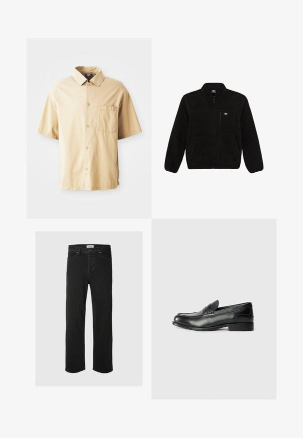 Musta fleece-takki, jossa on vetoketjullinen etuosa, korkea kaulus ja kaksi etupaneelin taskua. Takissa on pieni logo vasemmassa ylärinnassa.; Vaaleanbeige lyhythelmainen paita, jossa on terävä kaulus, edessä nappikiinnitys, yksi rintatasku ja pieni päällitikkauksella ommeltu logo taskussa.; Mustat farkut suoranlahkeiset, joissa on klassinen viisi taskua -design, nappisuljenta, minimaalinen ommel ja pehmeä tekstuuri.; Mustat nahka loafersit, joissa on sileä pinta, ommeltu yksityiskohta vampin yli ja hieman kohotettu korko.