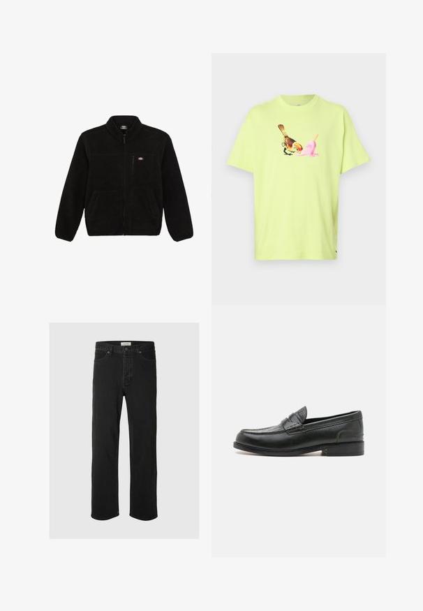 Svart fleecejakke med glidelås foran, høy krage og to frontlommer. Har en liten logo på øvre venstre bryst.; Limegrønn bomull T-skjorte med grafikk av en fugl og en rosa iskremkonus, med en enkel rund hals og korte ermer.; Svarte denimjeans med rett ben har et klassisk fem-lommers design, knappestengning, minimal søm og en myk tekstur.; Sorte skinnloafere med rund tå, dekorativ søm og en teksturert akcentpanel. Lav, stablet hæl, slank design og glatt overflate.