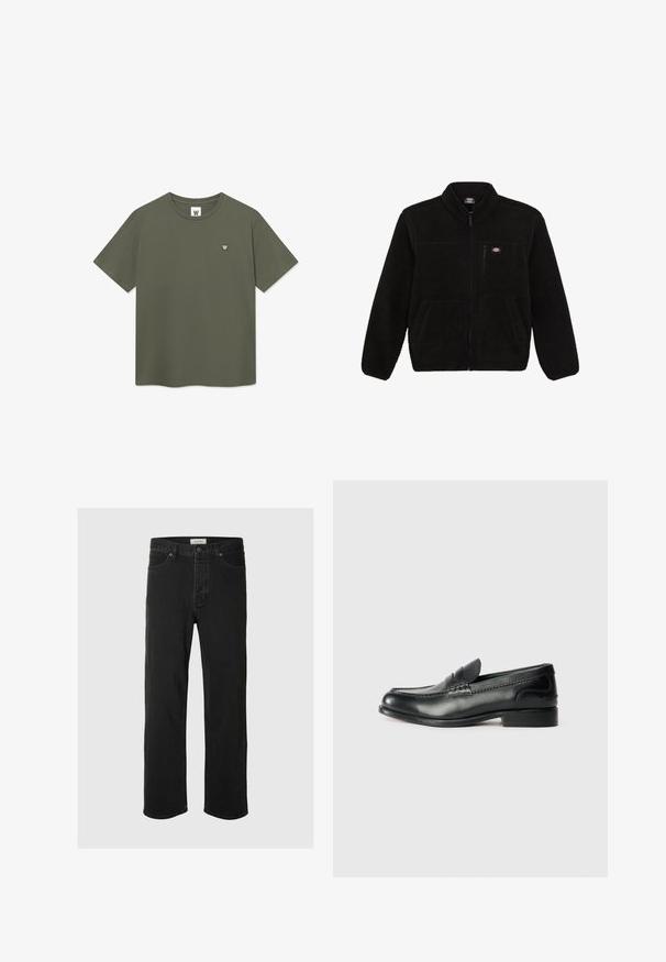 Melnā flīsa jaka ar ar rāvējslēdzēju priekšā, augstu apkakli un divām priekšējām kabatām. Iekļauta neliela logo augšējā kreisajā krūšu daļā.; Vienkārša olīvu zaļa T-krekls īsām piedurknēm ar apaļu kakla izgriezumu un mazu balto "W" logo kreisajā krūšu daļā.; Melna denima taisna piegriezuma bikses ar klasisku piecu kabatu dizainu, poga aizdari, minimāls šuvju skaits un mīksta tekstūra.; Melnas ādas loafers ar gludu apdari, izšūtiem detaļām pa vampu un nedaudz paceltu papēdi.