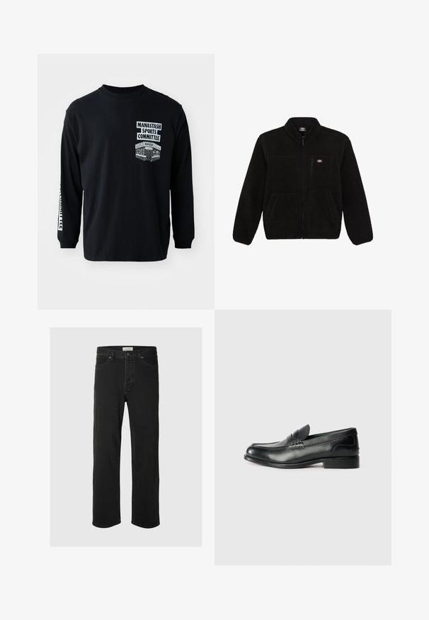 Giacca in pile nera con frontale con zip, colletto alto e due tasche anteriori a toppa. Presenta un piccolo logo sulla parte superiore sinistra del petto.; T-shirt nero a maniche lunghe con colletto a girocollo. Presenta grafiche stampate bianche: "Manastash Sports Committee" e un design sul lato sinistro del petto.; I jeans in denim nero a gamba dritta presentano un classico design a cinque tasche con chiusura a bottone, cuciture minime e una texture morbida.; Mocassini in pelle nera con finitura liscia, dettagli cuciti sulla parte superiore e tacco leggermente rialzato.