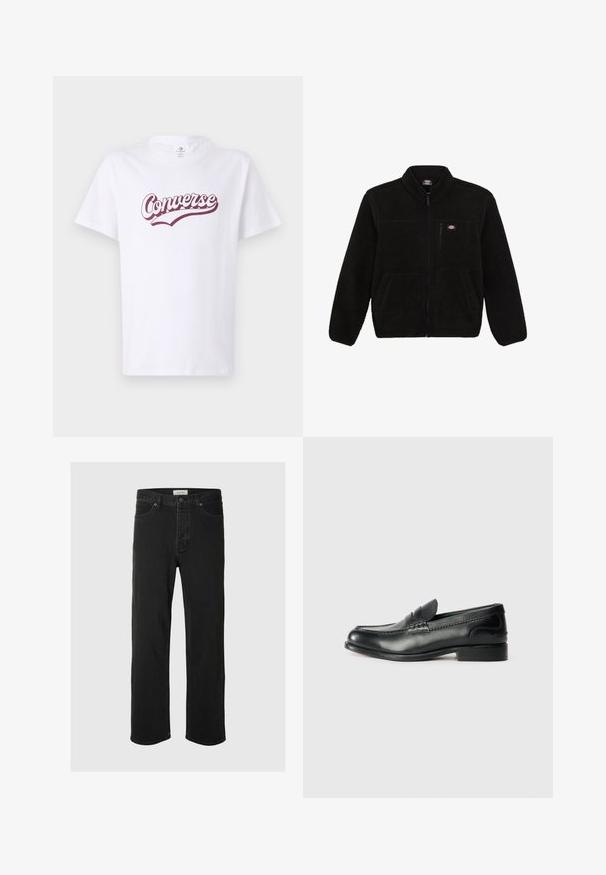 Giacca in pile nera con frontale con zip, colletto alto e due tasche anteriori a toppa. Presenta un piccolo logo sulla parte superiore sinistra del petto.; T-shirt bianca in cotone con logo "Converse" in bordeaux in una scrittura curva, maniche corte e collo rotondo classico.; I jeans in denim nero a gamba dritta presentano un classico design a cinque tasche con chiusura a bottone, cuciture minime e una texture morbida.; Mocassini in pelle nera con finitura liscia, dettagli cuciti sulla parte superiore e tacco leggermente rialzato.