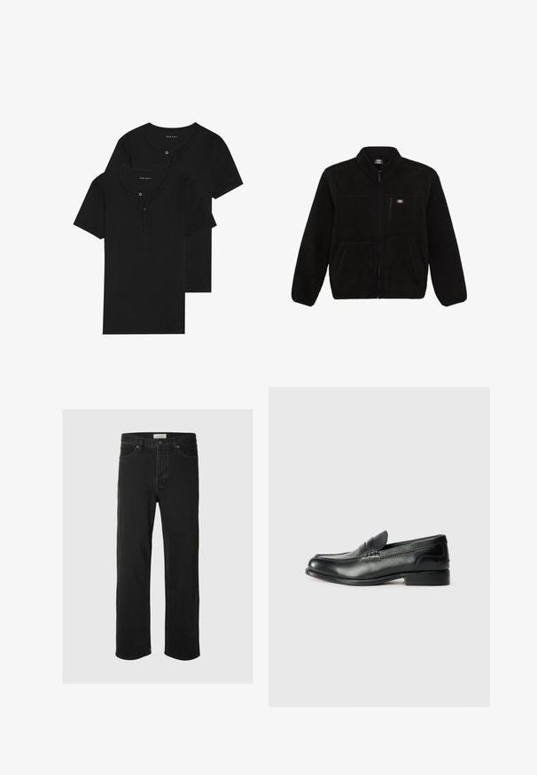 Zwarte fleecejack met een ritssluiting aan de voorkant, hoge kraag en twee voorzakken. Heeft een klein logo op de bovenste linkerborst.; Zwarte katoen t-shirts, korte mouwen, ronde hals met knoopsluiting, met een gladde textuur en eenvoudig ontwerp. Twee in een verpakking.; Zwarte denim rechte jeans hebben een klassiek vijf-pocket ontwerp met knoopsluiting, minimale stiksels en een zachte textuur.; Zwarte leren instappers met een gladde afwerking, gestikte details over de bovenkant en een licht verhoogde hak.