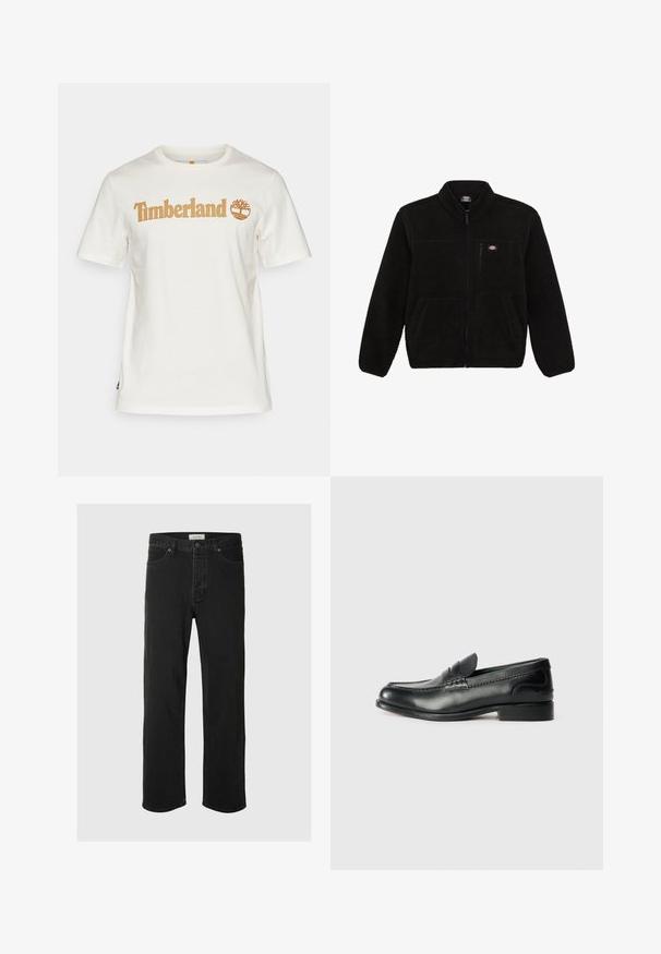 Chaqueta de forro polar negra con cierre en la parte delantera, cuello alto y dos bolsillos frontales tipo parche. Presenta un pequeño logo en la parte superior del lado izquierdo del pecho.; Camiseta blanca de algodón de manga corta y cuello redondo. Presenta el logo de "Timberland" en marrón claro con un gráfico de un árbol.; Los jeans rectos de mezclilla negra presentan un diseño clásico de cinco bolsillos con cierre de botón, costuras mínimas y una textura suave.; Mocasines de cuero negro con un acabado suave, detalles de costura en la parte delantera y un tacón ligeramente elevado.