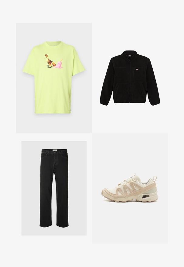 Crna polarna jakna sa zatvaračem sprijeda, visokim ovratnikom i dva prednja džepa. Ima mali logo na gornjem lijevom dijelu prsnog koša.; Tirkiznozelena pamučna majica s grafikom ptice i ružičastim sladoledom, s jednostavnim okruglim izrezom i kratkim rukavima.; Crne traperice ravnog kroja s pet džepova imaju klasičan dizajn s kopčanjem na dugme, minimalnim šavovima i mekanom teksturom.; Bež i kremasti sportski tenisice s teksturiranim mrežastim gornjim dijelom, potpornih preklopa i gumeni potplat s uzorcima za prianjanje.