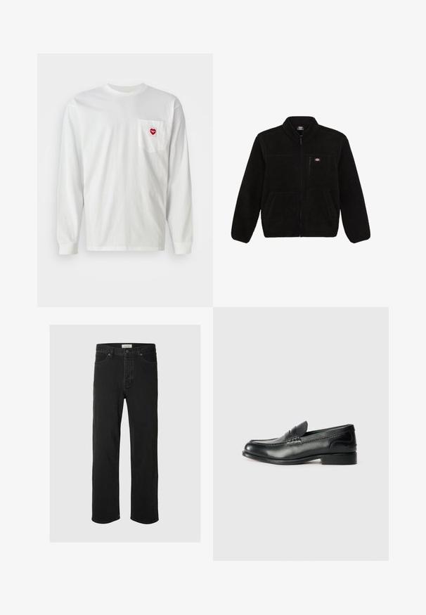 Melnā flīsa jaka ar ar rāvējslēdzēju priekšā, augstu apkakli un divām priekšējām kabatām. Iekļauta neliela logo augšējā kreisajā krūšu daļā.; Balts garā piedurkne T-kreklas, kas izgatavots no kokvilnas, ar kreisajā krūtīs esošu kabatu, kurai ir sarkana sirds uzlīme. Klasisks apaļais kakls un ribota aproce.; Melna denima taisna piegriezuma bikses ar klasisku piecu kabatu dizainu, poga aizdari, minimāls šuvju skaits un mīksta tekstūra.; Melnas ādas loafers ar gludu apdari, izšūtiem detaļām pa vampu un nedaudz paceltu papēdi.