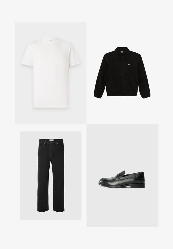 Chaqueta de forro polar negra con cierre en la parte delantera, cuello alto y dos bolsillos frontales tipo parche. Presenta un pequeño logo en la parte superior del lado izquierdo del pecho.; Camiseta de manga corta y cuello redondo en color blanco sucio, fabricada en una suave mezcla de algodón con un acabado ligeramente texturizado y sin patrones ni acentos visibles.; Los jeans rectos de mezclilla negra presentan un diseño clásico de cinco bolsillos con cierre de botón, costuras mínimas y una textura suave.; Mocasines de cuero negro con un acabado suave, detalles de costura en la parte delantera y un tacón ligeramente elevado.