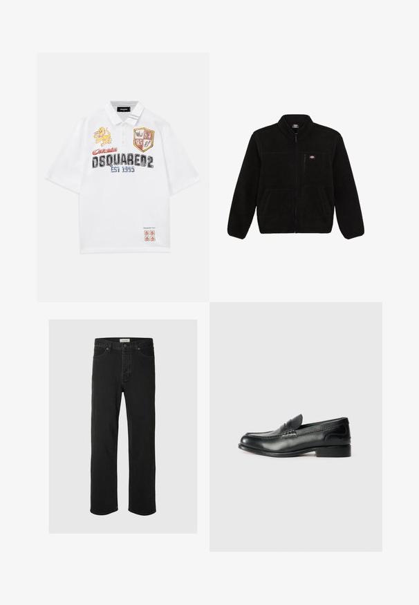 Črno flis jakno z zadrgo na sprednji strani, visokim ovratnikom in dvema sprednjima žepoma. Ima majhen logotip na zgornjem levem prsnem delu.; Bela polo majica z vezenimi grafičnimi motivi, vključno z letečim levom in ščitom. Kratki rokavi, z gumbom zapeta ovratnik, sproščen kroj.; Črne usnjene naravne hlače imajo klasičen pet-žepni dizajn z gumbom za zapiranje, minimalnim šivanjem in mehkim občutkom.; Črni usnjeni loafersi z gladko površino, šivanim detajlom čez vamp in rahlo dvignjenim peto.