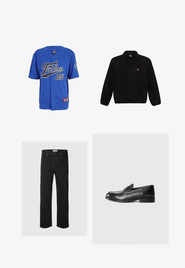 Melnā flīsa jaka ar ar rāvējslēdzēju priekšā, augstu apkakli un divām priekšējām kabatām. Iekļauta neliela logo augšējā kreisajā krūšu daļā.; Zils īsām piedurknēm jersija ar melnu rakstītu logo "FUBU", numuru "05", un uzlīmi ar logo kreisajā piedurknē.; Melna denima taisna piegriezuma bikses ar klasisku piecu kabatu dizainu, poga aizdari, minimāls šuvju skaits un mīksta tekstūra.; Melnas ādas loafers ar gludu apdari, izšūtiem detaļām pa vampu un nedaudz paceltu papēdi.