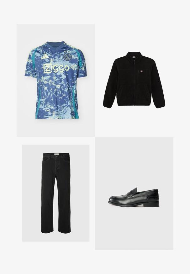 Čierna fleecová bunda so zipsom v prednej časti, vysokým golierom a dvoma prednými vreckami. Obsahuje malé logo na hornej ľavej časti hrude.; Modrá futbalová košeľa s abstraktnými, svetlomodrými a žltými vzormi, krátke rukávy, výstrih do V, obsahuje logo Adidas a znak klubu.; Čierne džínsové nohavice so rovnými nohavicami majú klasický dizajn s piatimi vreckami, zapínaním na gombík, minimálnym prešívaním a jemnou textúrou.; Čierne kožené loafers s hladkým povrchom, prešívaním cez vampus a mierne vyvýšeným podpätkom.