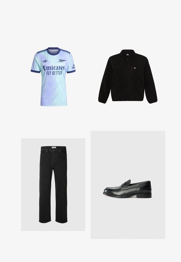 Veste en polaire noire avec une fermeture éclair à l'avant, col haut et deux poches plaquées à l'avant. Présente un petit logo sur le côté supérieur gauche de la poitrine.; Maillot bleu clair à manches courtes avec motif en dégradé, accents marine, logo "Emirates Fly Better" et marque Adidas sur l'épaule.; Des jeans en denim noir à coupe droite disposent d'un design classique à cinq poches avec fermeture à bouton, de coutures minimales et d'une texture douce.; Mocassins en cuir noir avec une finition lisse, des détails cousus sur le devant et un talon légèrement surélevé.