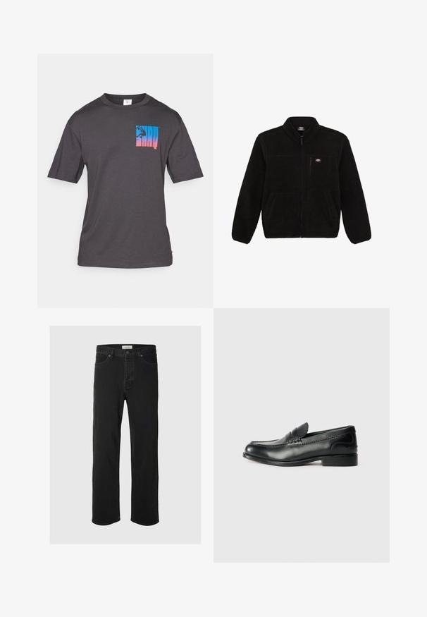 Čierna fleecová bunda so zipsom v prednej časti, vysokým golierom a dvoma prednými vreckami. Obsahuje malé logo na hornej ľavej časti hrude.; Sivý tričko s krátkymi rukávmi, s multikolórovým grafickým logom. Mäkkučký bavlnený materiál; voľný strih. Štvorcové logo s modro-ružovým prechodom.; Čierne džínsové nohavice so rovnými nohavicami majú klasický dizajn s piatimi vreckami, zapínaním na gombík, minimálnym prešívaním a jemnou textúrou.; Čierne kožené loafers s hladkým povrchom, prešívaním cez vampus a mierne vyvýšeným podpätkom.