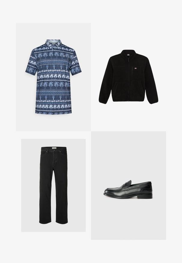 Čierna fleecová bunda so zipsom v prednej časti, vysokým golierom a dvoma prednými vreckami. Obsahuje malé logo na hornej ľavej časti hrude.; Námornícky polo tričko s bielym vzorom paliem, krátkymi rukávmi a golierom. Pozoruhodné detaily zahŕňajú dekoratívne línie a akcenty.; Čierne džínsové nohavice so rovnými nohavicami majú klasický dizajn s piatimi vreckami, zapínaním na gombík, minimálnym prešívaním a jemnou textúrou.; Čierne kožené loafers s hladkým povrchom, prešívaním cez vampus a mierne vyvýšeným podpätkom.