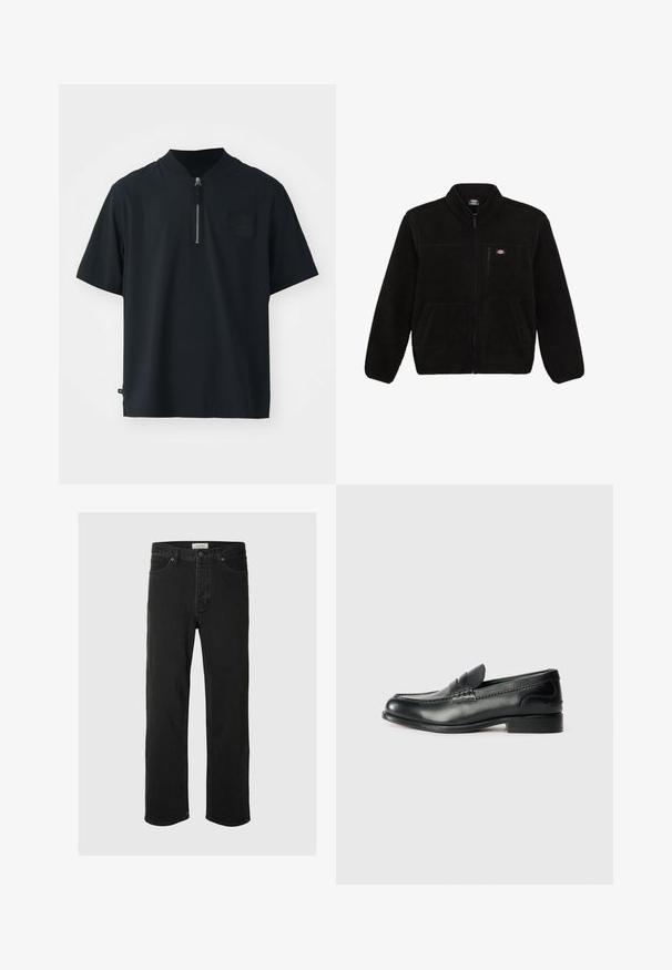 Svart fleecejakke med glidelås foran, høy krage og to frontlommer. Har en liten logo på øvre venstre bryst.; Svart kortermet skjorte laget av teksturert stoff med ståkrage, glidelås halvveis opp, og et Nike-logo-patch på venstre bryst.; Svarte denimjeans med rett ben har et klassisk fem-lommers design, knappestengning, minimal søm og en myk tekstur.; Sorte lærloafers med en glat overflade, syede detaljer over vamps og en let hævet hæl.
