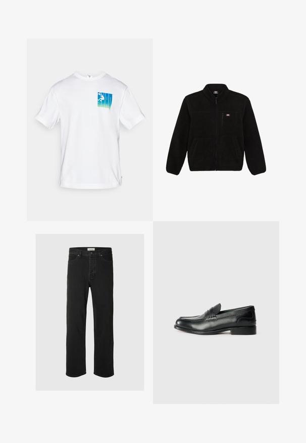 Čierna fleecová bunda so zipsom v prednej časti, vysokým golierom a dvoma prednými vreckami. Obsahuje malé logo na hornej ľavej časti hrude.; Biela bavlnená tričko s krátkym rukávom, s modro-zeleným gradientom grafiky na ľavej hrudi znázorňujúcim postavu v pohybe.; Čierne džínsové nohavice so rovnými nohavicami majú klasický dizajn s piatimi vreckami, zapínaním na gombík, minimálnym prešívaním a jemnou textúrou.; Čierne kožené loafers s hladkým povrchom, prešívaním cez vampus a mierne vyvýšeným podpätkom.