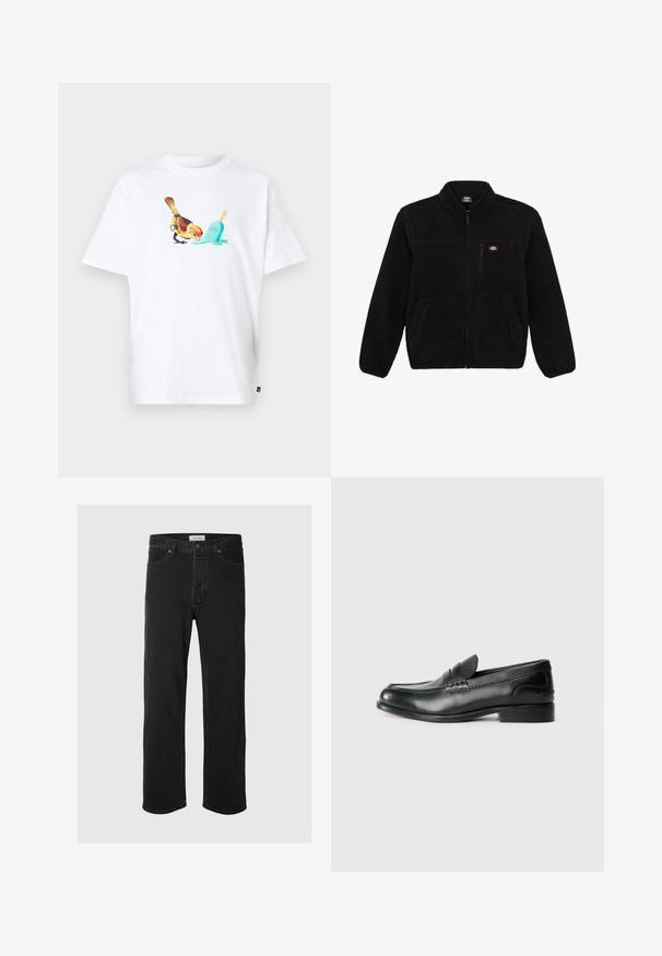 Juoda vilnonė striukė su užtrauktuku priekyje, aukštu kaklu ir dviem priekinėmis kišenėmis. Yra mažas logotipas ant kairiojo krūtinės šono.; Balta medvilninė marškinėlių su grafika, vaizduojančia paukštį ir mėlyną ledų lazdeles. Dizainas pasižymi ryškiomis spalvomis ir detalizuotomis tekstūromis.; Juodos džinsinės tiesaus silueto kelnės turi klasiką penkių kišenių dizainą su mygtukų uždarymu, minimaliais siūlais ir minkšta tekstūra.; Juodos odinės loafer tipo bateliai su lygiu paviršiumi, siuvinėjimu per priekį ir šiek tiek pakelta pakulne.
