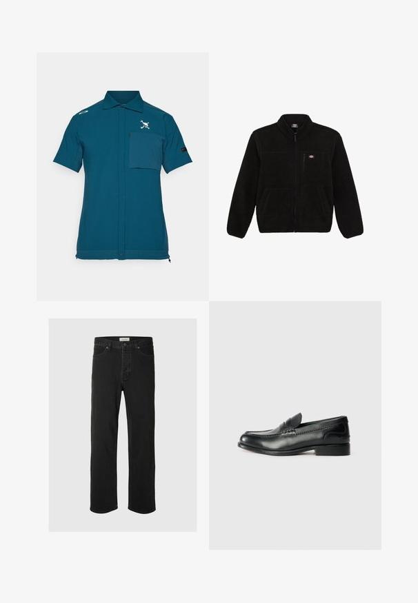 Juoda vilnonė striukė su užtrauktuku priekyje, aukštu kaklu ir dviem priekinėmis kišenėmis. Yra mažas logotipas ant kairiojo krūtinės šono.; Akiniai trumpomis rankovėmis, pagaminti iš glotnaus audinio, su priekinėmis kišenėmis, mygtukų uždarymu ir logotipo siuvinėjimu ant krūtinės.; Juodos džinsinės tiesaus silueto kelnės turi klasiką penkių kišenių dizainą su mygtukų uždarymu, minimaliais siūlais ir minkšta tekstūra.; Juodos odinės loafer tipo bateliai su lygiu paviršiumi, siuvinėjimu per priekį ir šiek tiek pakelta pakulne.