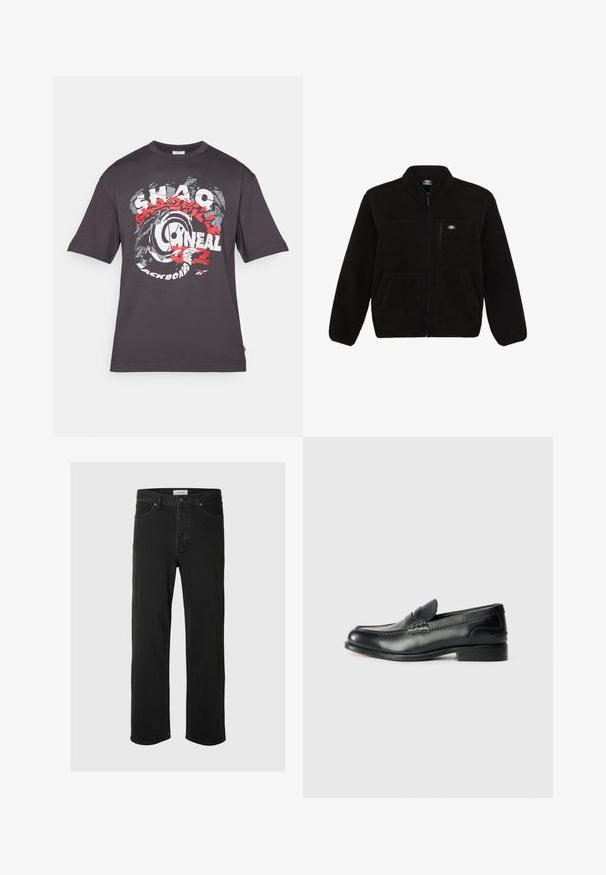 Musta fleece-takki, jossa on vetoketjullinen etuosa, korkea kaulus ja kaksi etupaneelin taskua. Takissa on pieni logo vasemmassa ylärinnassa.; T-paita tummanharmaasta puuvillasta, jossa on suuri punainen ja valkoinen graafinen kuva, joka sisältää tekstiä ja pyöreän muodon. Lyhyet hihat.; Mustat farkut suoranlahkeiset, joissa on klassinen viisi taskua -design, nappisuljenta, minimaalinen ommel ja pehmeä tekstuuri.; Mustat nahka loafersit, joissa on sileä pinta, ommeltu yksityiskohta vampin yli ja hieman kohotettu korko.